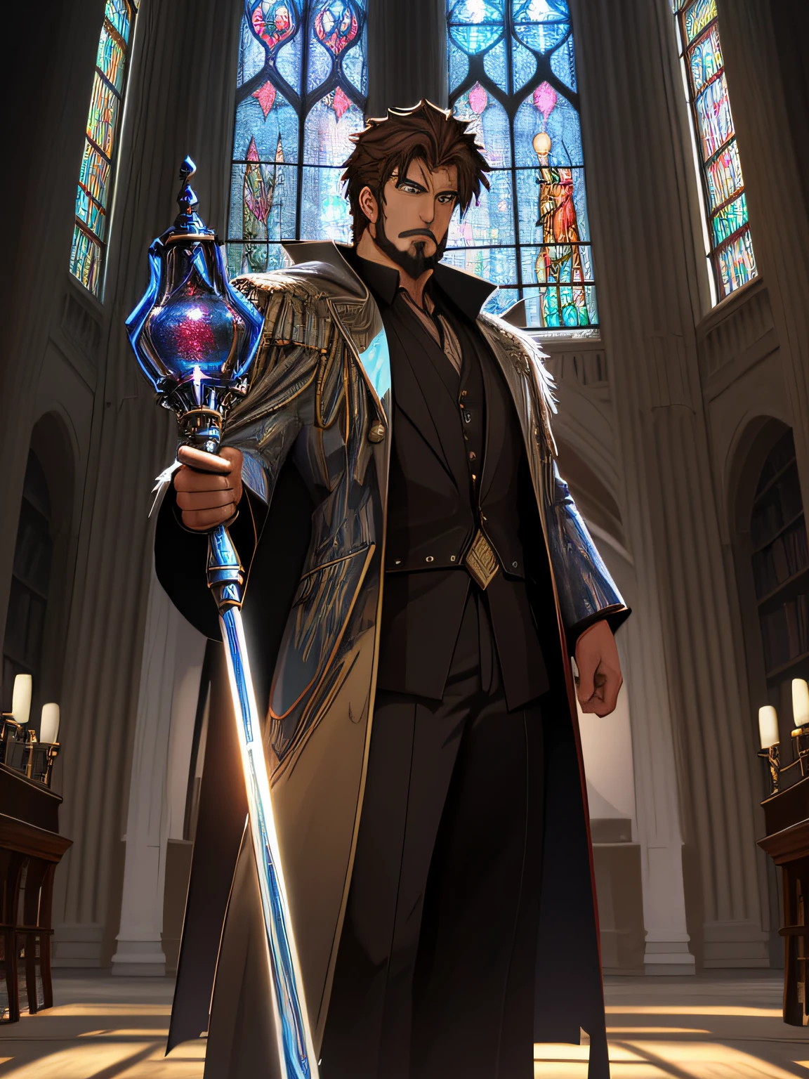 A 50-year-old but still very attractive man with a perfectly proportioned thin but broad-shouldered body.., with luminous dark brown hair and green eyes, tiene una perilla que le llega a la altura del pecho, de pie a una altura de 2 metros. Lleva una bata de seda muy elegante hecha de cristales negros en bruto que parecen contener una galaxia en su interior., que se adapta a su cuerpo. Adopta una pose heroica, tiene una mirada serena, as you look around a magical library with beautiful stained glass windows. His pose shows great intelligence and wisdom., He doesn't seem like a person who can laugh easily... In his right hand he holds a magic scepter.. 128K Ultra High Definition, 128K Calidad ultra alta, 128K Ultra High Resolution, Best Definition, La mejor calidad, better resolution, perfectamente detallado, Perfectly designed, extremadamente detallado, Extremely designed, hiper detallado.
