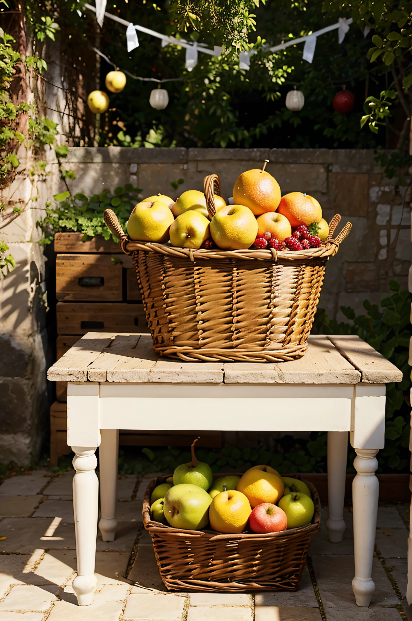 a portion of fruit, em uma linda cesta e fundo em um jardim ensolarado.