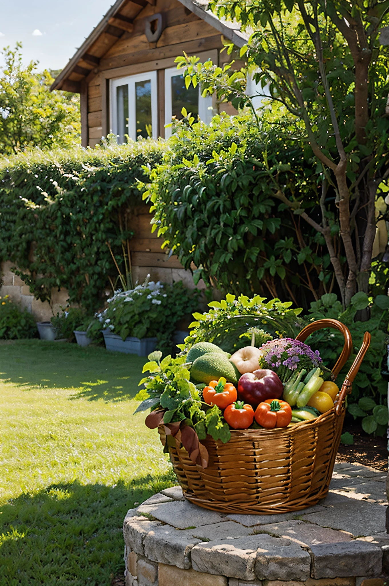 a portion of vegetables, em uma linda cesta e fundo em um jardim ensolarado.