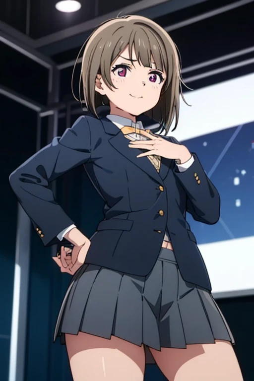 18year old, girl with, Dark blue blazer clothes,Not wearing underwear,slightly larger udder,Slightly larger buttocks,slightly thick thighs, Narrow waist, Hairstyle is a bob cut, The background is the live venue,Looks happy,Not wearing a skirt,The crotch is visible
