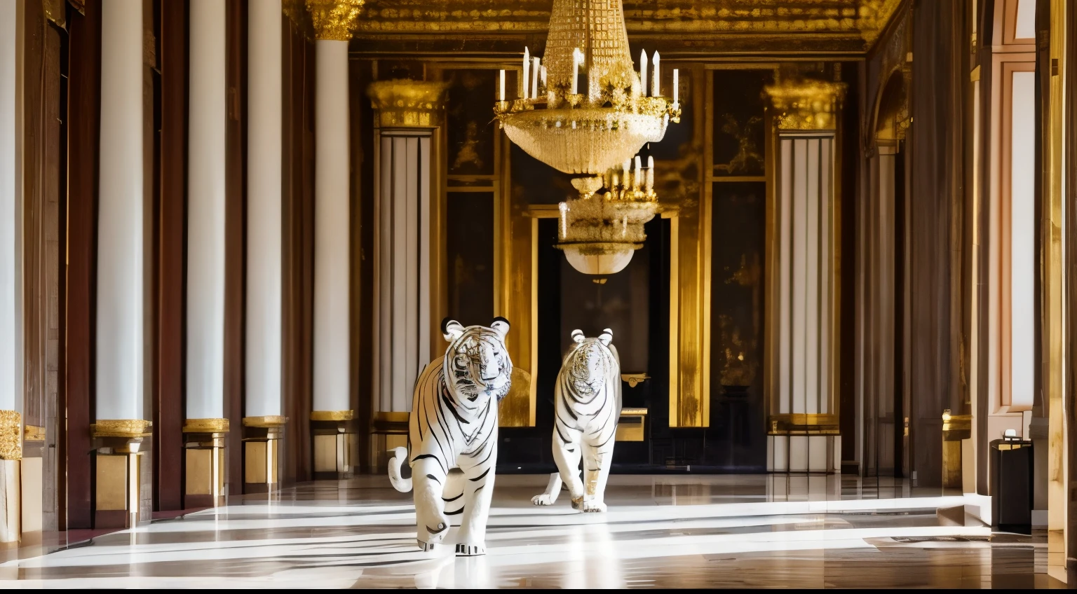 Dressed in a very elegant palace, very elegant palace with golden details, inside the palace there is a white tiger walking towards the camera and another tiger walking towards the camera