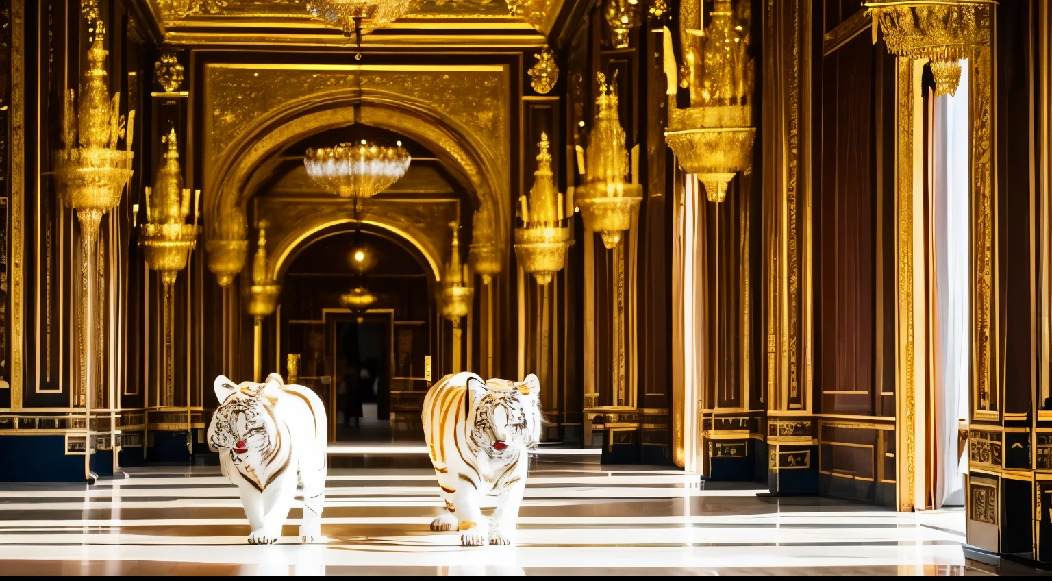 You see a very elegant palace, very elegant palace with golden details, inside the palace there are two white tigers that walk towards the camera