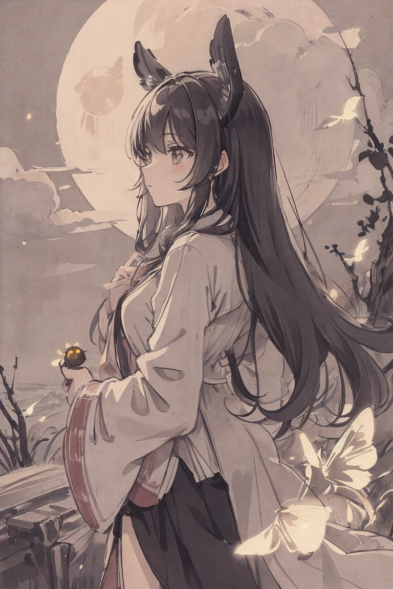 masterpiece, best quality, night, hill, clouds, full moon, long hair, character kobeni,woman, silhouette, fireflies.stars,leafs,