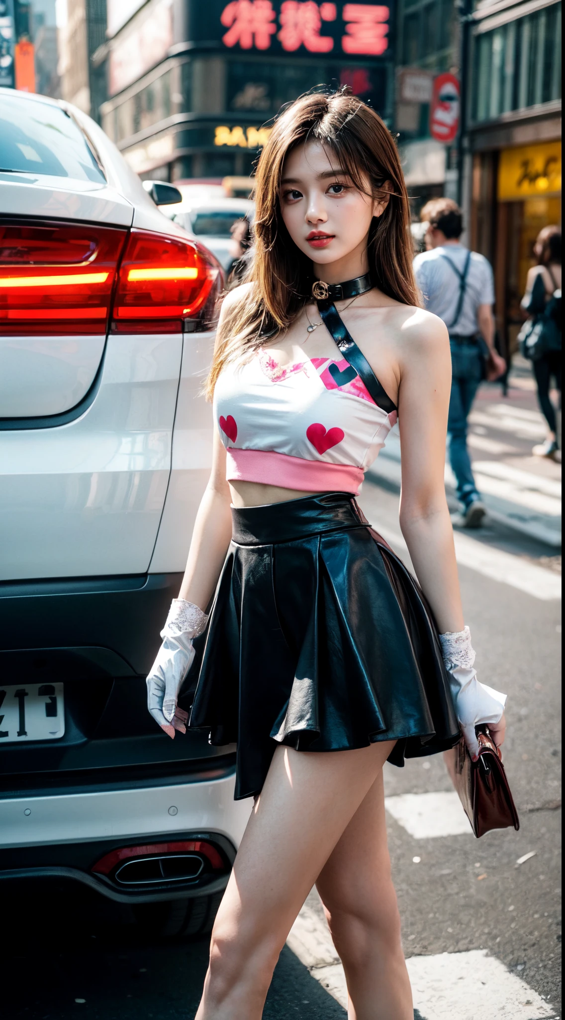 Girl in y2k costume, dark blonde hair, dark blonde hair, dark blonde hair, Emo Pin up Girl, y2k outfit, y2k, 80s, Striking a pose, natural make up, skinny girl, sassy girl, it girl, sunny day, bright sun, on the street of new york city, cars stopped because of her, a lot of peoples mocking at her bt she's don't care, everybody busy looking at her, it girl stuff, 80s atmosphere, midshot, cowboy shot, centered image, wearing printed heart shape collar, wearing white escape lace top, wearing black layered skirt, wearing feather hand gloves