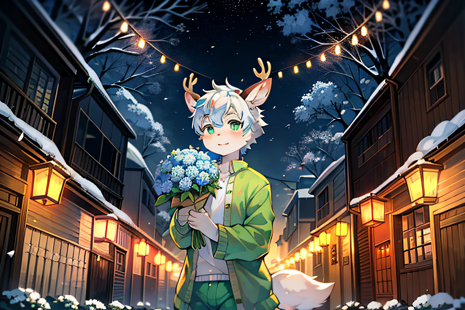 A white deer,Wearing light green pajamas,green pupills,Light green clothing,deer antlers,wear a flower on your head,holding a bouquet of blue flowers,natta,falling flower petals,Peach blossom tree,Oyuki,blanketed in a mantle of snow,shota,lovely boy,the roof,white color hair,natta,starrysky,stars shining bright,standing on the street,Shining starry sky,the street lights,lanterns,Welcoming environment,Gentle gaze,empty street,