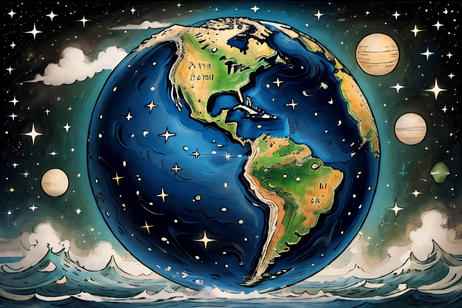 a floating globe showing the continent of South America. el continente es verde. en el mar hay monstros marinos. sobre el continente hay animales. The world globe has a black starry background, dibujo naife, illustration for children, colores planos y pasteles. No hay personajes humanos en la imagen.