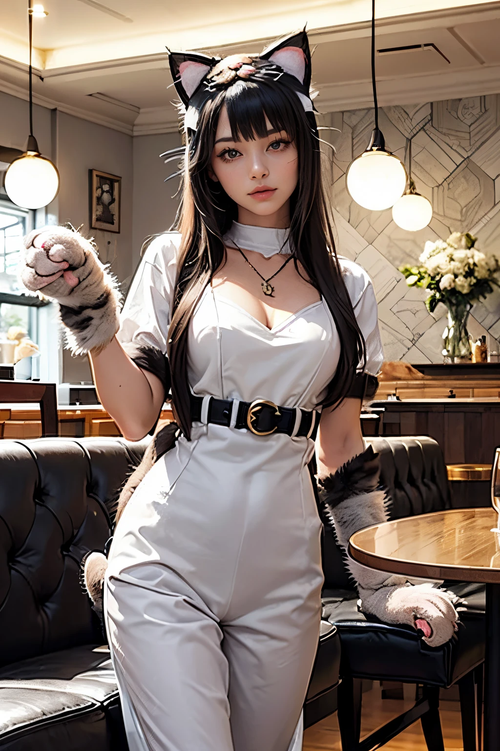 (A girl wearing a cat costume works as a waitress at a cafe:1.4), Large breasts, Standing by a glass table in a cafe with a marble floor, (Cowboy Shot:1.2), (cafe:1.6), (cat cafe:1.4),(Marble floor:1.4), (Black and white geometric pattern wallpaper:1.4), (bay window:1.2), (Atrium:1.2), (iron open staircase:1.2), (leather lounge couch:1.4), (glass table:1.2), (pendant light:1.4), (track lighting:1.4),(Ceiling track lighting:1.4), (cat food:1.2), (cat tower:1.2), (cat play:1.2),
BREAK
she was wearing (cat mascot costume:1.6),