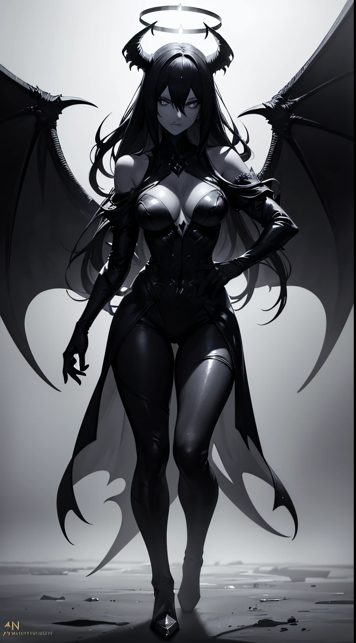(best quality,4k,highres:1.2),ultra-detailed,(realistic,photorealistic:1.37),creature,dark fantasy,Chimera,Zeratu from Summoners war, standing on hind legs, intense gaze, eyes glowing with a black halo, huge wings spread wide, ominous presence,superiority, menacing, detailed feathers, sharp talons, dark aura,haunting atmosphere, sinister silhouette, majestic pose, eerie lighting, black color scheme, high contrast, ominous shadows, mysterious creature, graceful and powerful, mesmerizing, dramatic composition