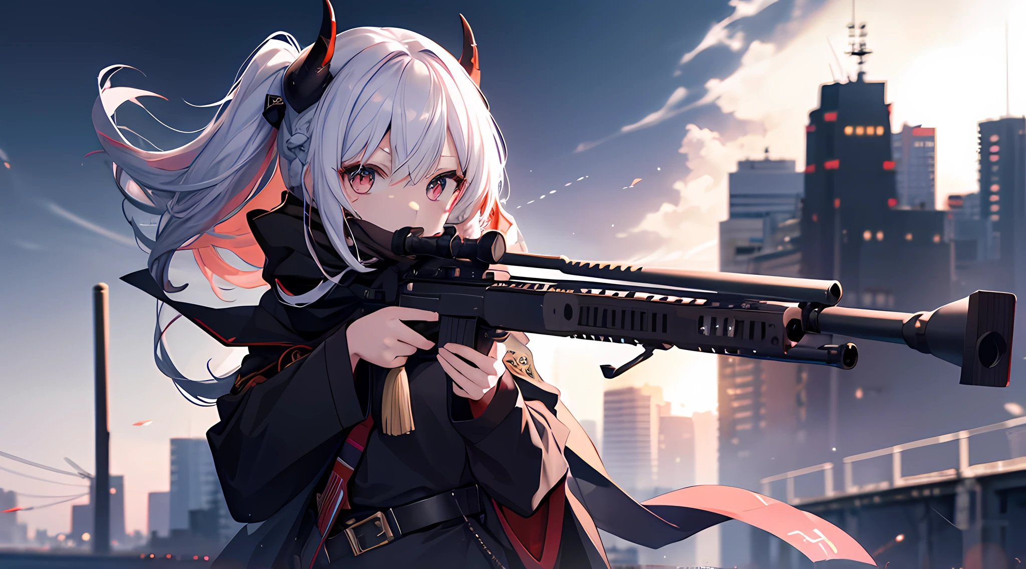 (1 demon girl), front lighting, black demon horns, white japanese navy military uniform, holding a sniper rifle, middle east scarf, detailed face, in the harbor, multi colored hair, glare, wavy hair, front lighting, cowboy shot, 8k, masterpiece, ultra HD.