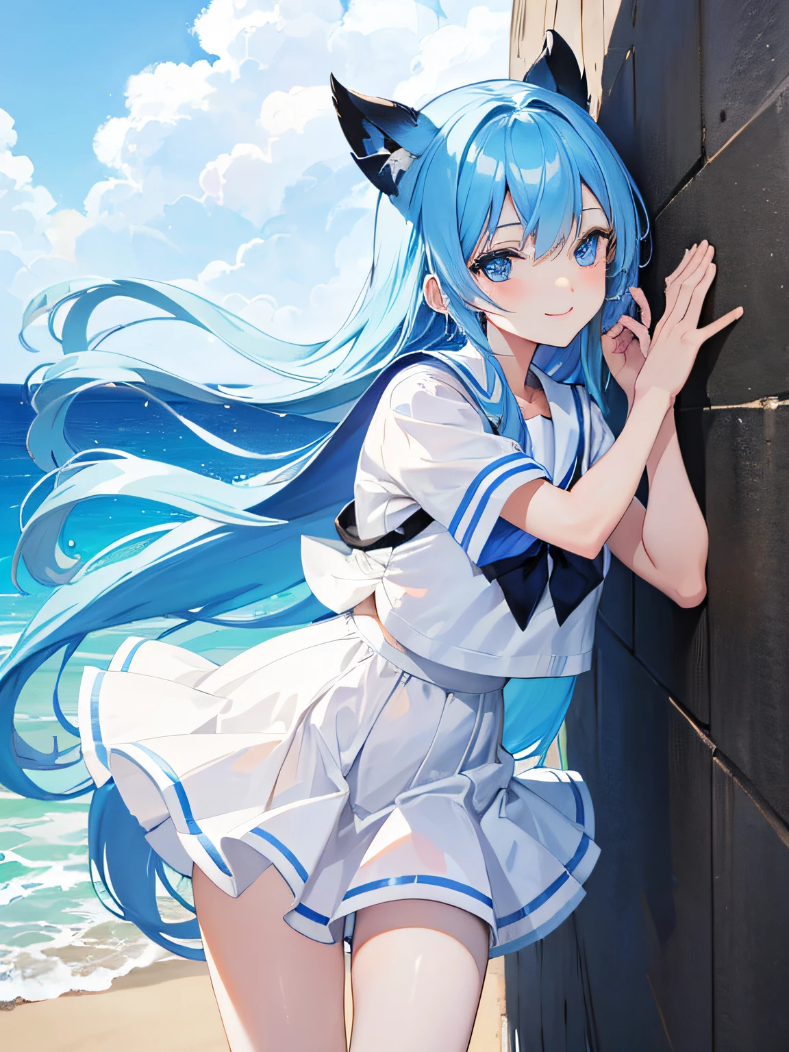A cute girl with blue eyes and long blue hair leans against the wall，Pure white sailor suit，black short skirt，Happy smile emoticon，By the sea in summer