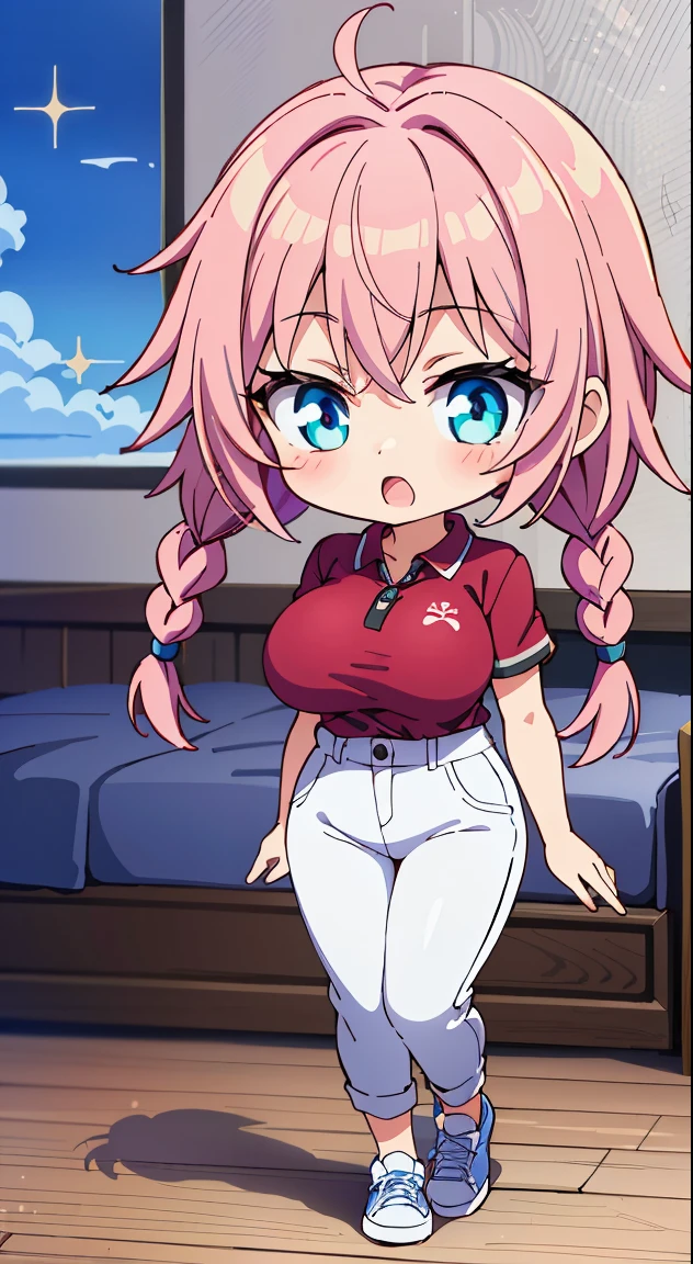 (masutepiece, Best Quality, Perfect Anatomy, High quality:1.4), nice hand, Perfect hands, Detailed beautiful hands, Large_filesize, fulcolor, hight resolution, symmetric, exceptional, Best aesthetic, newest, Anime, very beautiful detailed body,The hair,faces,The eye, (Chibi, Full body:1.6), BREAK,
1 beautiful girl, (17 years old girl),Solo,(Cute:1.5),(Chibi:0.6),(kawaii:1.5),(Lori:0.5),BREAK,(17 years old girl), 1 beautiful girl,Very detailed,colourfull,highest details,Clear skin,Beautiful skin,Shy,Very detailed,colourfull,highest details,BREAK,Clear skin,Beautiful skin,Shy skin,BREAK,{Heterochromia,blue eyess,Green eyes,PUPILS SPARKLING:1.9},star eye silhouette,BREAK,(Pink hair, Medium length:1.4),(Twin braids,A little curly hair,Princess Cut, crossed bangs:1.3),(Big breasts,Beautiful breasts,Large breasts:1.5),(long eyelashes, Double eyelids:1.2),Solo,gleaming skin, Clear skin, Beautiful skin,(best quality face),(Top quality glowing eyes),(Doya face,brave face:1.45) BREAK (Pink Theme:1.4),
((caregiver theme:1.4)), (Black chinos:1.4), (red polo shirt:1.4),(Black sneakers:1.35),
BREAK,(morning), inside in room,Gothic bedroom, a canopy bed,huge window,naked girl poster,coke,on back, tusk, Open mouth, Looking away,depth of fields,
BREAK,wakame,wakame,wakame,(Cowboy Shot:1.4),
BREAK,(Blurry background:1.3),(absurderes, hight resolution, Super Detail Art),cel shading,Clear Color, Lonely optical effect, Beautiful pictures, Bright glow, mystic atmosphere,(Close-up of girl:1.1), Mystical light particle effect,manga influence, clean line drawings,
