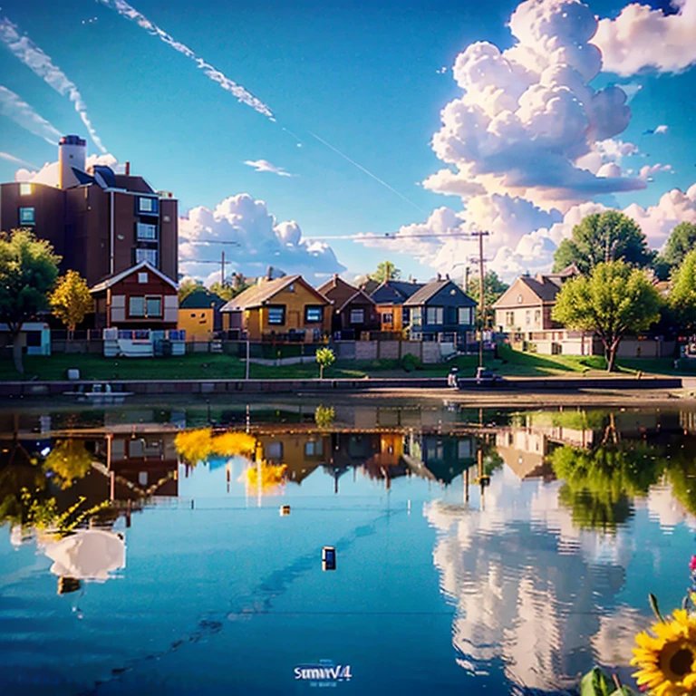 Visualize the small town of Sunnyville, depicting the houses, streets, and a sunny atmosphere to set the scene.Hyper-realistic,8k,ultra HD,Pixar style,Disney style,cinema 4d,--ar 3:2
