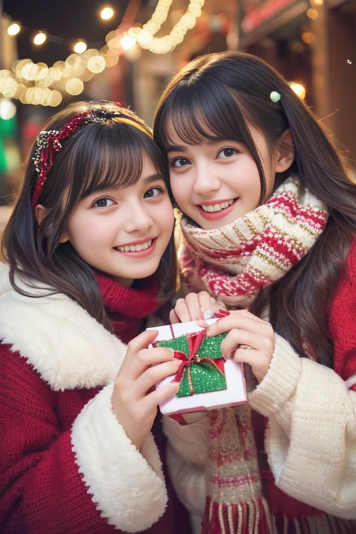 (Best Quality,Photorealistic,hight resolution),2girls,Beautiful detailed eyes,Beautiful detailed lips,Smiling,Laughing,Cute,Christmas Eve,Happy,having fun,Winters,Joyful,excited,Twinkling lights,Decorated Christmas Tree,clew,cosy atmosphere,Warm fireplace,magical moments,sparkling stars,Glowing candles,snowflakes falling,ground covered with soft snow,colorful holiday decorations,red and green colors,Elegant dresses,Fluffy scarves,Happy memories,cherish sisterhood,love and laughter、12-year-old sisters、a baby face、childish、Looking at the camera、Present Box、