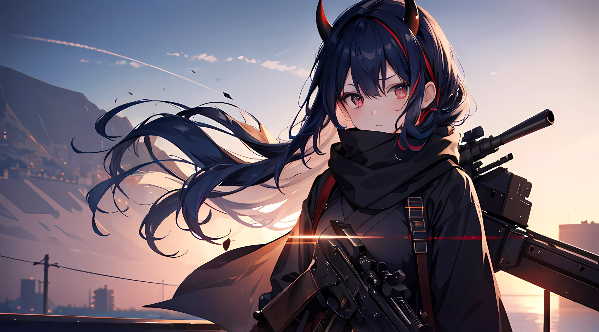 (1 demon girl), front lighting, black demon horns, white japanese navy military uniform, shooting with sniper rifle, middle east scarf, detailed face, in the harbor, multi colored hair, glare, wavy hair, front lighting, cowboy shot, 8k, masterpiece, ultra HD.