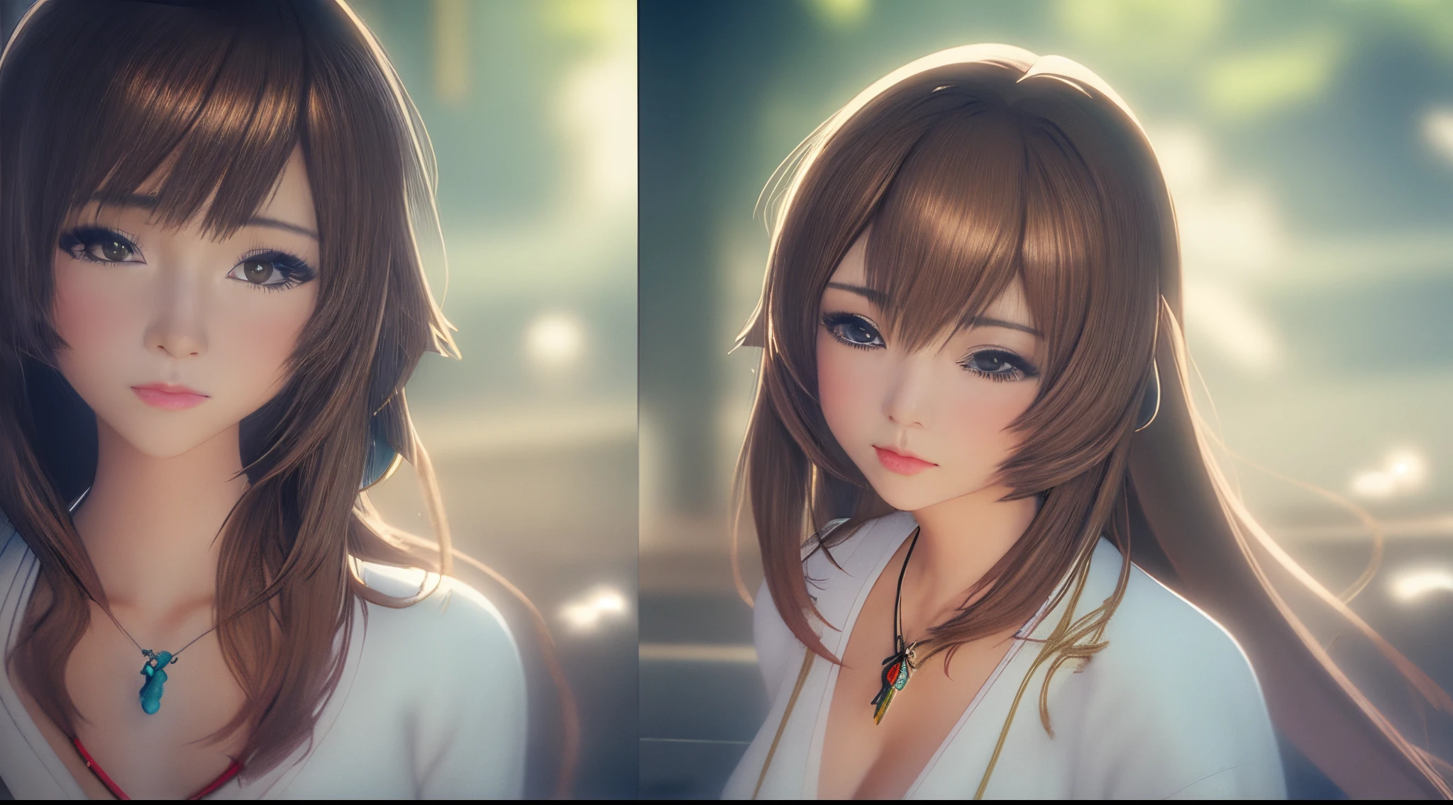 final fantasy (yuna) Anime girl with brown hair and white kimono dress holding necklace, Belle peinture de personnage, soft anime CG art, Realistic anime art style, a beautiful anime portrait, beautiful anime woman, photorealistic anime girl rendering, Makoto Shinkai and Artgerm, Realistic 3D anime style, anime realism style, anime style digital art, Beautiful anime girls