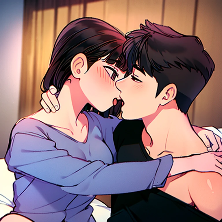 love themes, illustrations, Boy and girl, kiss, hetero, 1 boy, brown hair, white long sleeve shirt, unbuttoned shirt, open shirt, collarbone, pants, boy is front of girl, passionate hug, face press on the chest, sniffing chest, kiss chest, 1 girl, bangs, blush, black eyes, short black hair, bob hair, open mouth, strapless, little black dress, black bodycon dress, medium breast, night, bedroom, sit on bed, indoors, seductive, hand on another's shoulder, hand on another's chest.