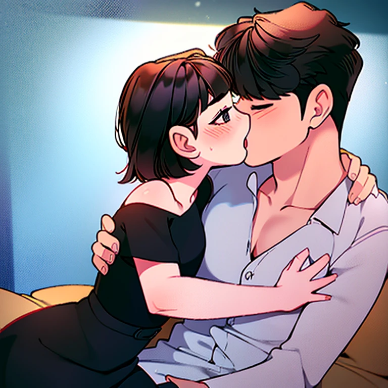 love themes, illustrations, Boy and girl, kiss, hetero, 1 boy, brown hair, white long sleeve shirt, unbuttoned shirt, open shirt, collarbone, pants, boy is front of girl, passionate hug, face press on the chest, sniffing chest, kiss chest, 1 girl, bangs, blush, black eyes, short black hair, bob hair, open mouth, strapless, little black dress, black bodycon dress, medium breast, night, bedroom, sit on bed, indoors, seductive, hand on another's shoulder, hand on another's chest.