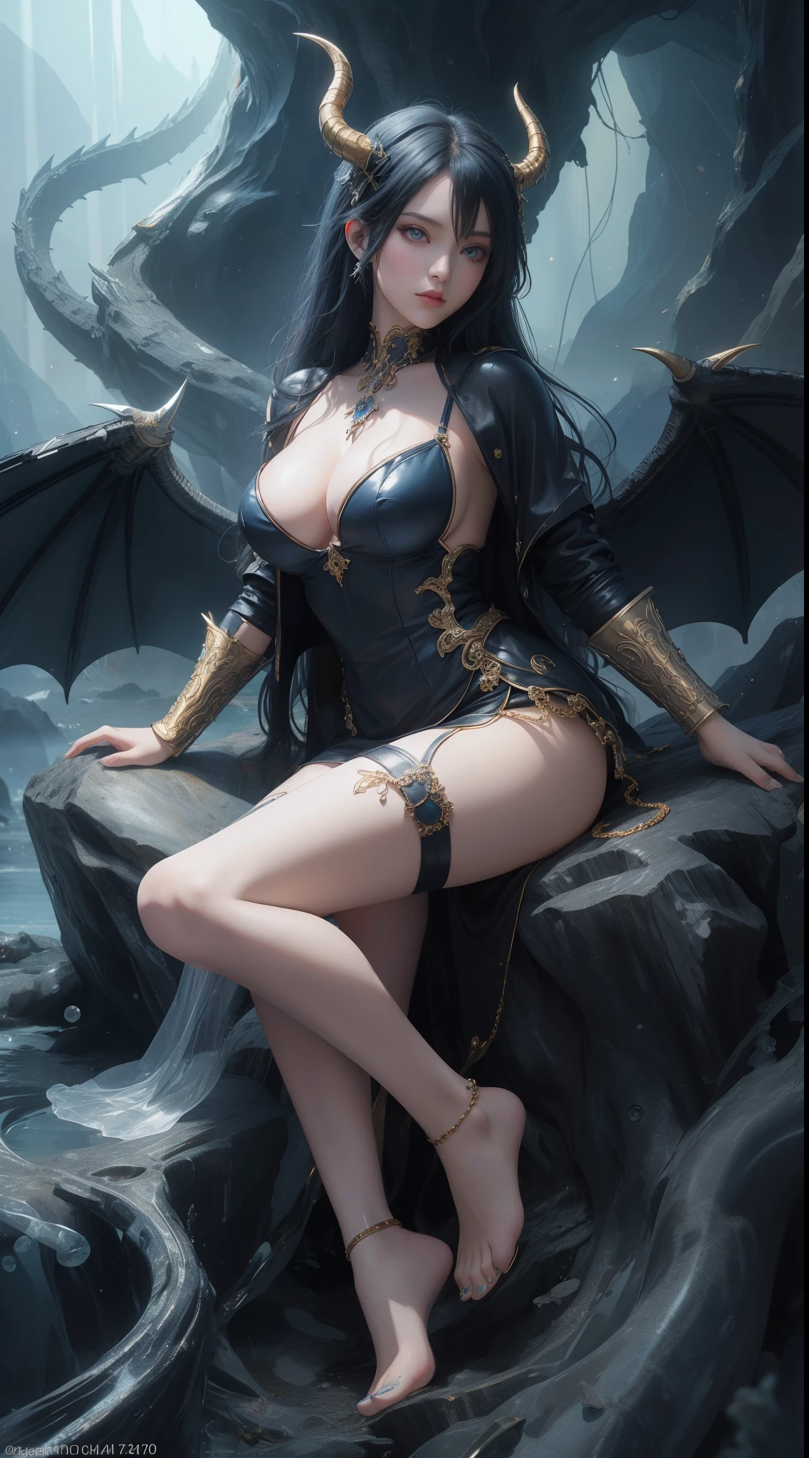 tmasterpiece，Highest image quality，Beautiful full body portrait of the noble dragon girl，Exquisite blue-black hairstyle，Clear golden eyes，Decorated with a series of dragon horns，White studded leather jacket，blackstockings，huge dragon wings，cave cave，Black silk beautiful feet，Barefoot，Ultra-detailed details，advanced。At the Pixiv Art Station，Break your own power，Luigi，Big breasts exposing cleavage，R-18G