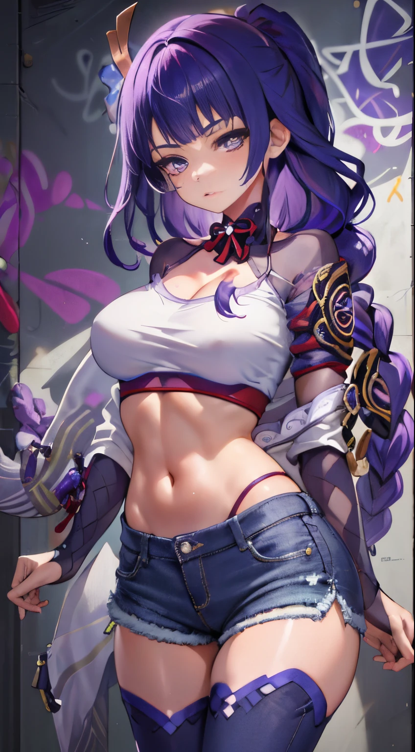 Raiden Shogun Genshin Impact, masterpiece, bestquality, 1girls, bara, crop top, shorts jeans, choker, (Graffiti:1.5), color splashes, arm behind back, against wall, looking at the audience, bracelet, Thigh strap, Paint on the body............................, Head tilt, bored, multicolored hair, water eyes, headset,