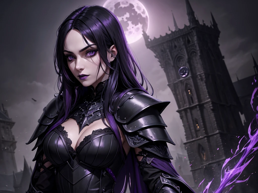 An adult vampire wizard character wearing a very detailed and beautiful gothic armor in black and purple color. Seu cabelo com corte em estilo curto, black lip color, cor roxa dos olhos;, manto, capuz, caminhando, 8k, Magnificent, Black and purple Gothic armor, capa, eclipse