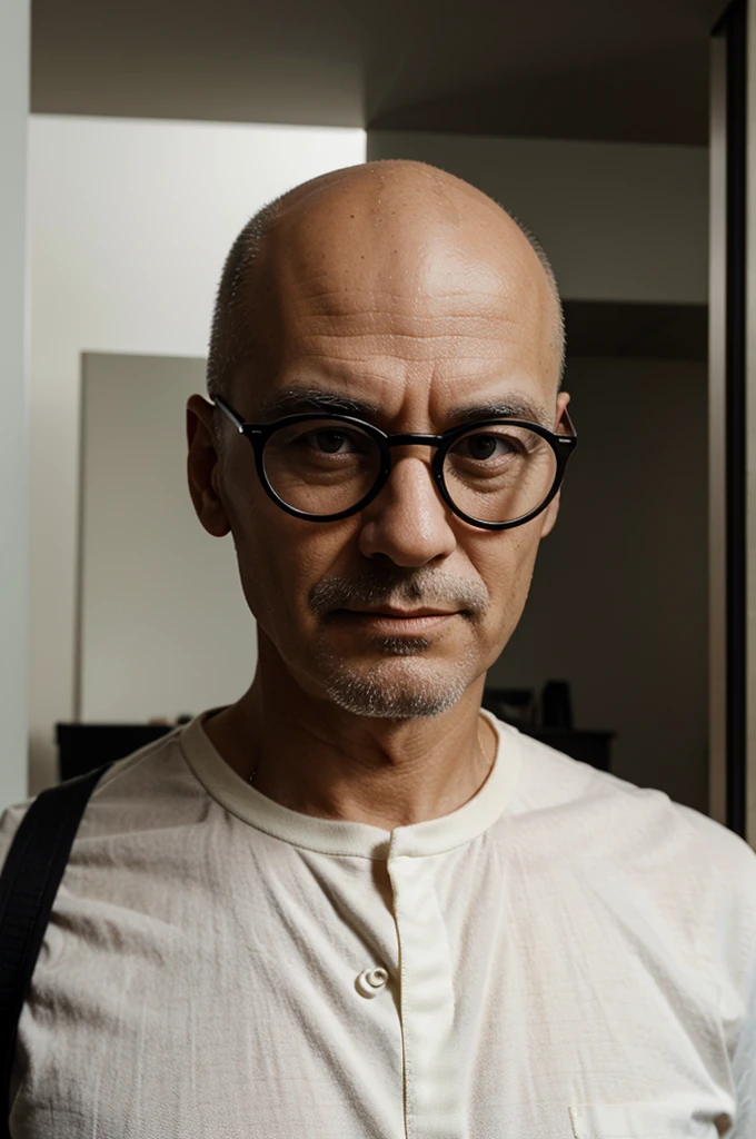 create a portrait of an architect about 50 years old, with black round glasses, bald