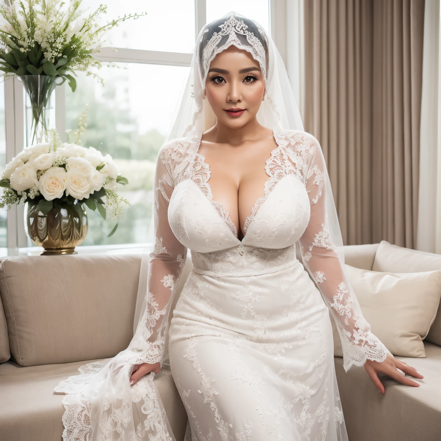 55 years old Beautiful Hijab Indonesian mature woman, gigantic Tits : 12.9, Lace Wedding Gown, curvy body, white skin like porcelain, at luxurious Livingroom