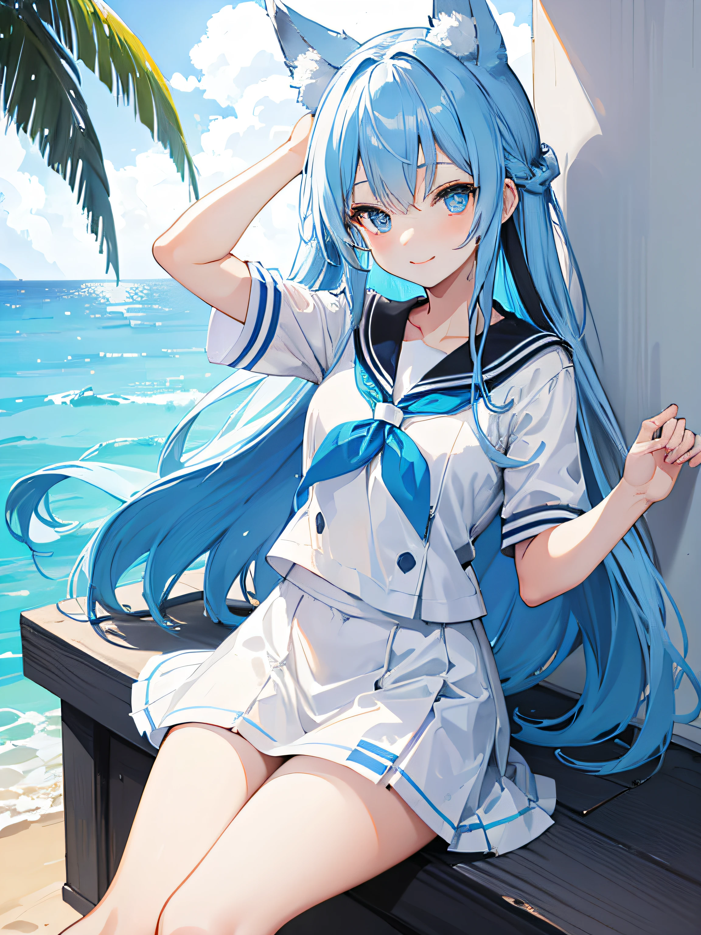 A blue eye、Cute girl with long blue hair leaning on the wall,Pure white sailor suit,black short skirt,Happy smile emoticon,Summer at the beach,There are blue fox ears on the head