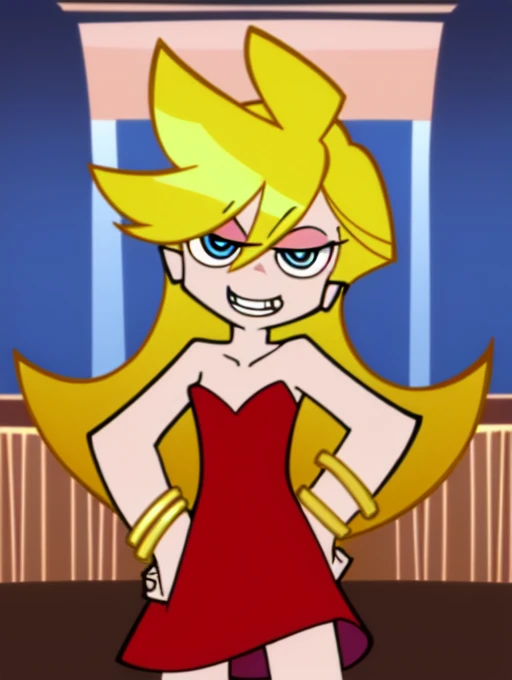 Panty Anarchy, Long Hair, Blonde Hair, Blue Eyes, Light, Grin Bare Neck, Bare Shoulders, Little Red Dress, Short Red Dress, Golden bracelet, Sexy Poses, Bar Background, standing, hands on hips, smile, looking at viewer