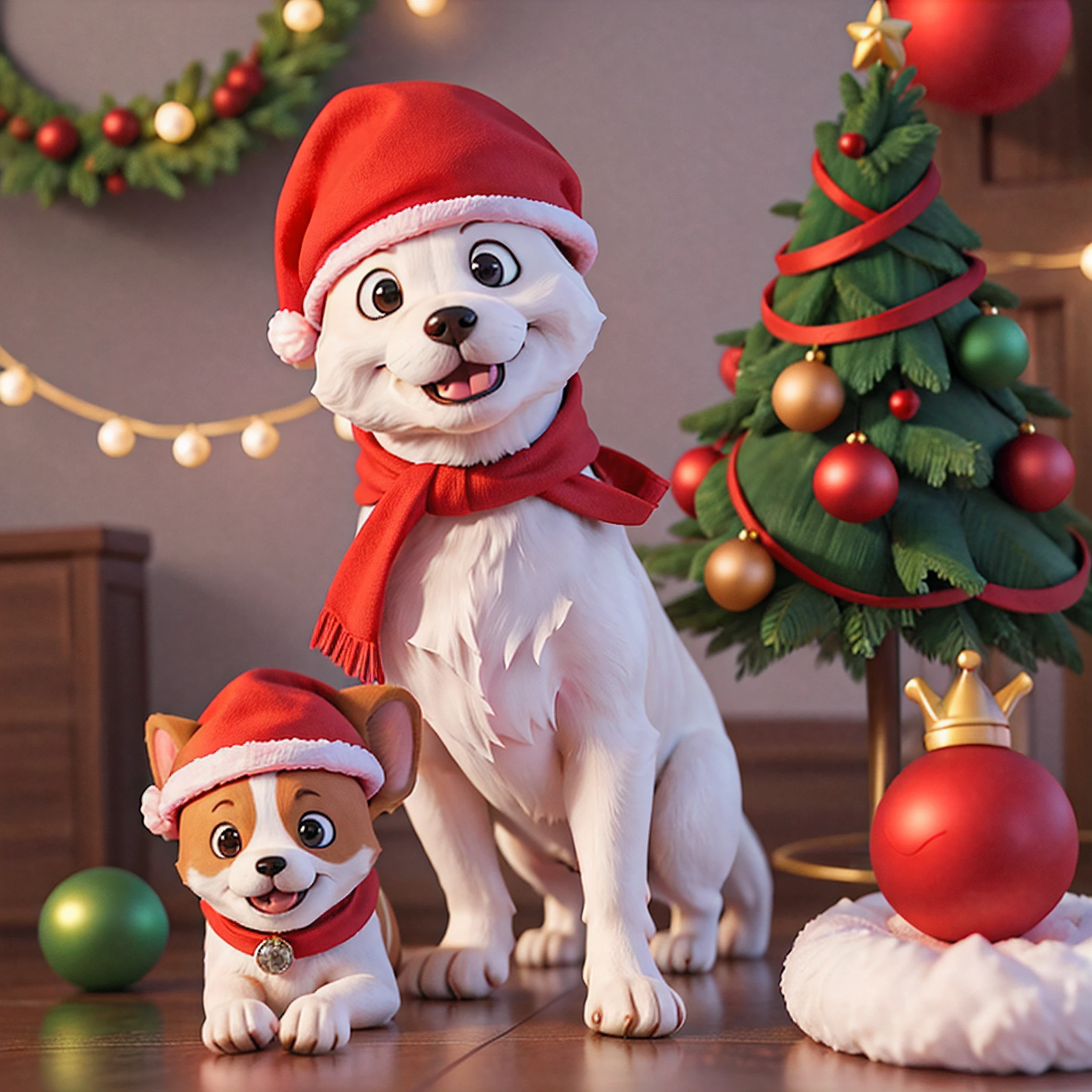 Produce a high-resolution digital image that captures the joy and cuteness of a dog in the holiday spirit. O cachorro deve ser retratado usando um gorro de Papai Noel, conveying a feeling of fun and festivity. He must be involved in a playful scene, playing with a Christmas themed toy, como uma bola vermelha ou um boneco de neve. the Dog'the expression must be lively and charming, com olhos rasgados e uma atitude travessa ou brincalhona. The setting can include festive elements, like decorated Christmas trees, luzes cintilantes ou flocos de neve ao fundo, transmitindo uma atmosfera natalina acolhedora. The lighting should be soft and highlight the details of the dog, highlighting your coat and features in a captivating way. Use vibrant and sophisticated colors to create a scene that conveys the joy and magic of Christmas, with a fun and charming touch provided by the presence of the dog.