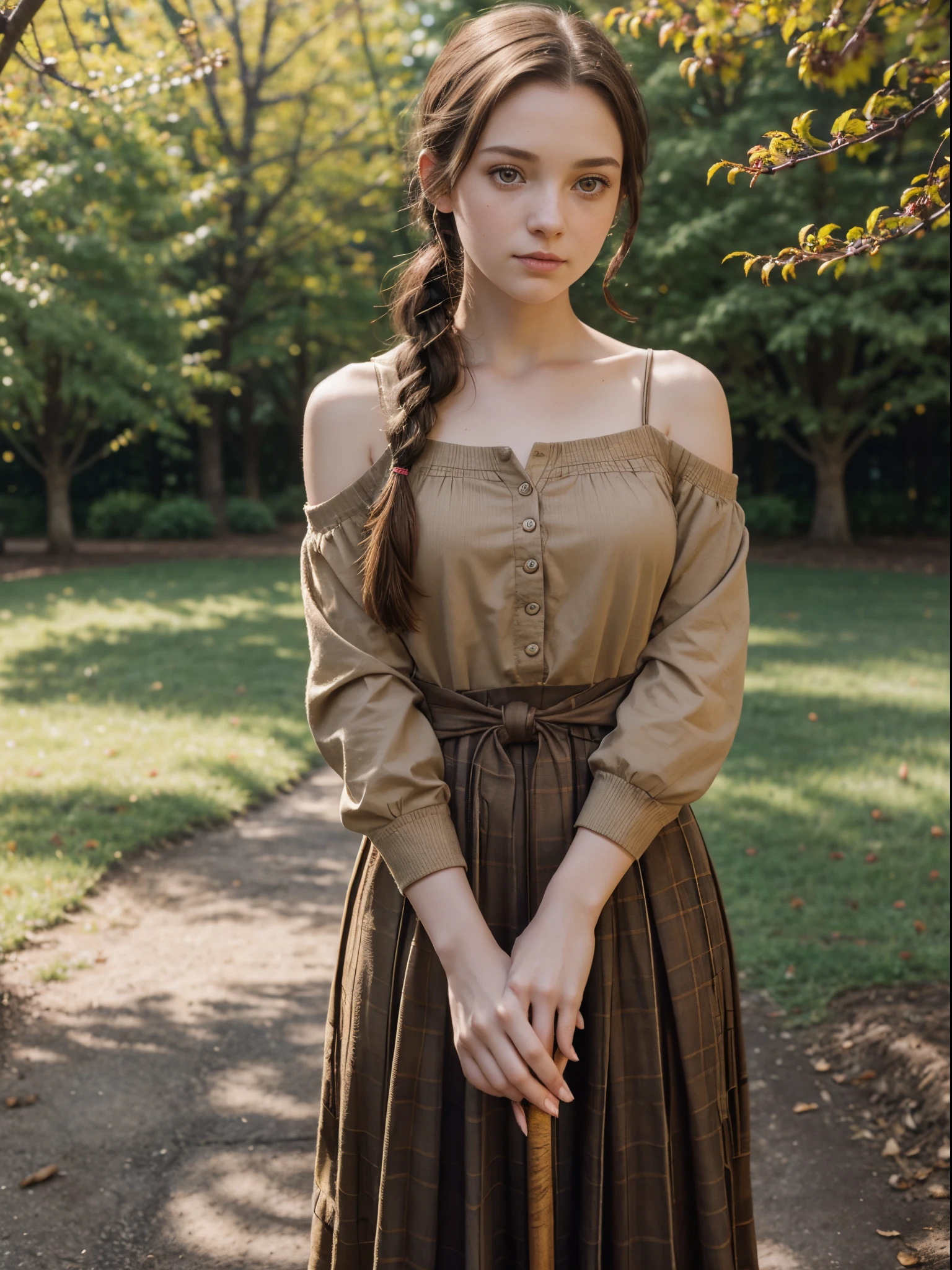 Hufflepuff female student holding a cherry tree wand in her hand. She has shoulder-length dark brown hair tied in a braid., pale skin, light amber eyes, pale skin, A mole below her left eye, And a screech owl is perched on her right shoulder..