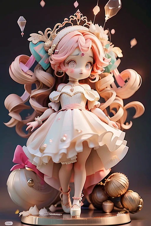 Princess Cookie has golden dough and pink hair with two mirrored sets of three curls, each with heart-shaped striped ribbons. Ela tem olhos vermelhos escarlates cintilantes e usa um vestido rosa brilhante em camadas com babados., casaco branco, mangas pufe, e uma gola de babados com um broche vermelho rubi. Ela carrega um cetro adornado com joias que ostenta uma coroa na ponta e usa luvas com babados e recortes retangulares nas costas.. She doesn't wear shoes.