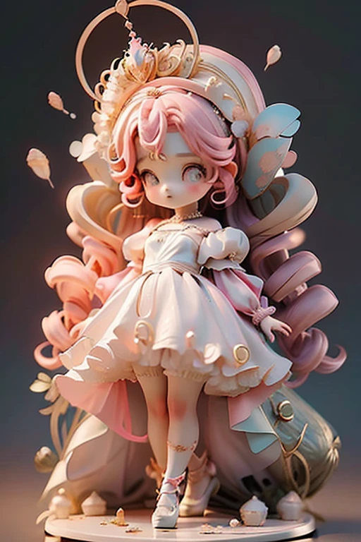 Princess Cookie has golden dough and pink hair with two mirrored sets of three curls, each with heart-shaped striped ribbons. Ela tem olhos vermelhos escarlates cintilantes e usa um vestido rosa brilhante em camadas com babados., casaco branco, mangas pufe, e uma gola de babados com um broche vermelho rubi. Ela carrega um cetro adornado com joias que ostenta uma coroa na ponta e usa luvas com babados e recortes retangulares nas costas.. She doesn't wear shoes.