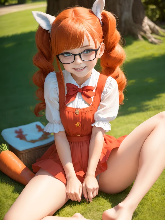 1girl, solo, full body, (masterpiece:1.21), (best quality:1.2), colorful, (illustration:1.2), (cinematic lighting:1.1), (spread legs:1.3), naked, genitalia exposed , ginger, red hair, freakled face, pigtails, bangs, sweating , smiling , in a picnic park, holding an big carrot with her hands , glasses, dynamic pose