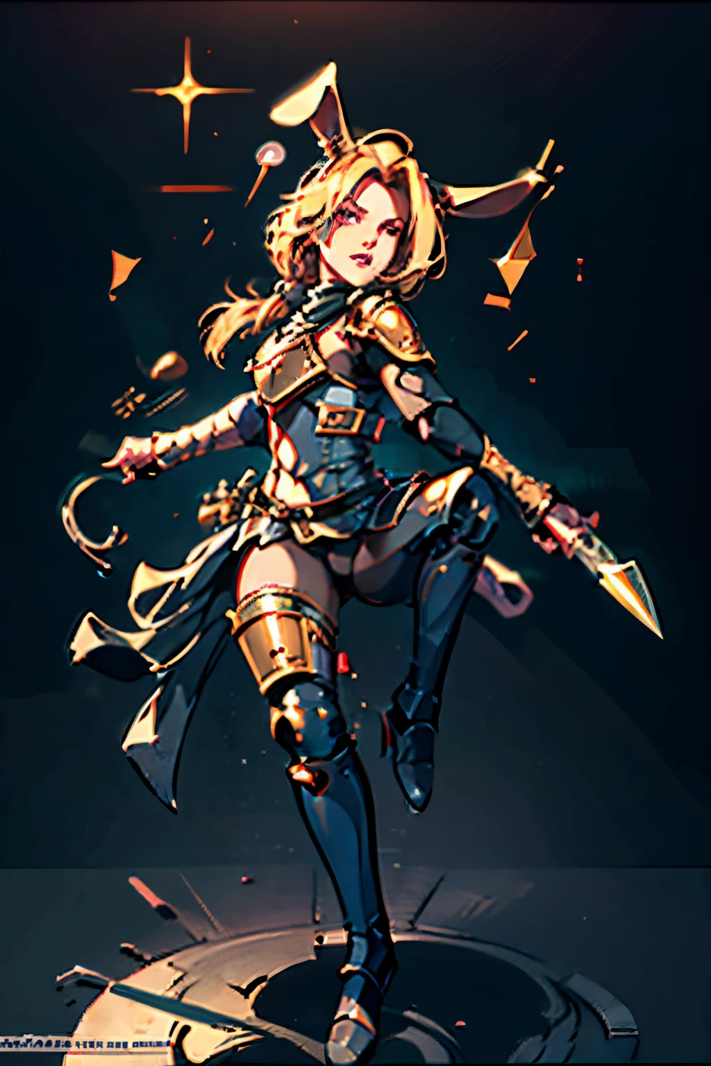 16k, HD, Professional, Highly Detailed, ((Masterpiece: 0.3)), (((High Quality))), Ultra-detailed face, Highly Detailed Lips, Detailed Eyes, full body, 1 femboy, bunny ears, leather armor, wielding daggers, throwing knives