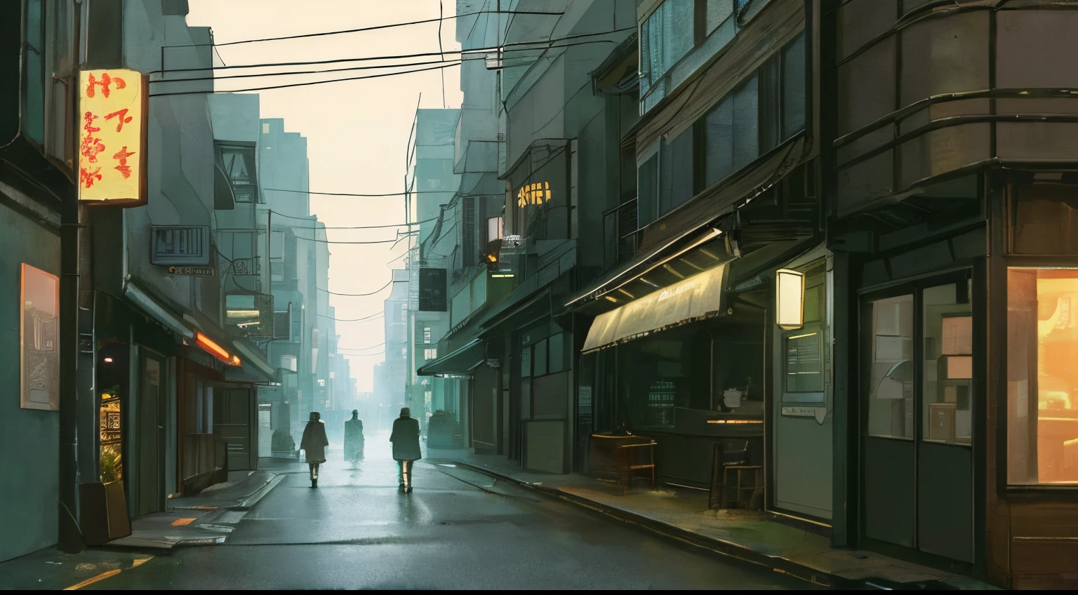(​masterpiece、top-quality、top-quality、Official art、Beautifully Aesthetic:1.2)、Near future、bladerunner、Slum Street、deep in the night、Lo-Fi Hip Hop、Cafe with small lights、Residential area、Silence、It's raining a little、