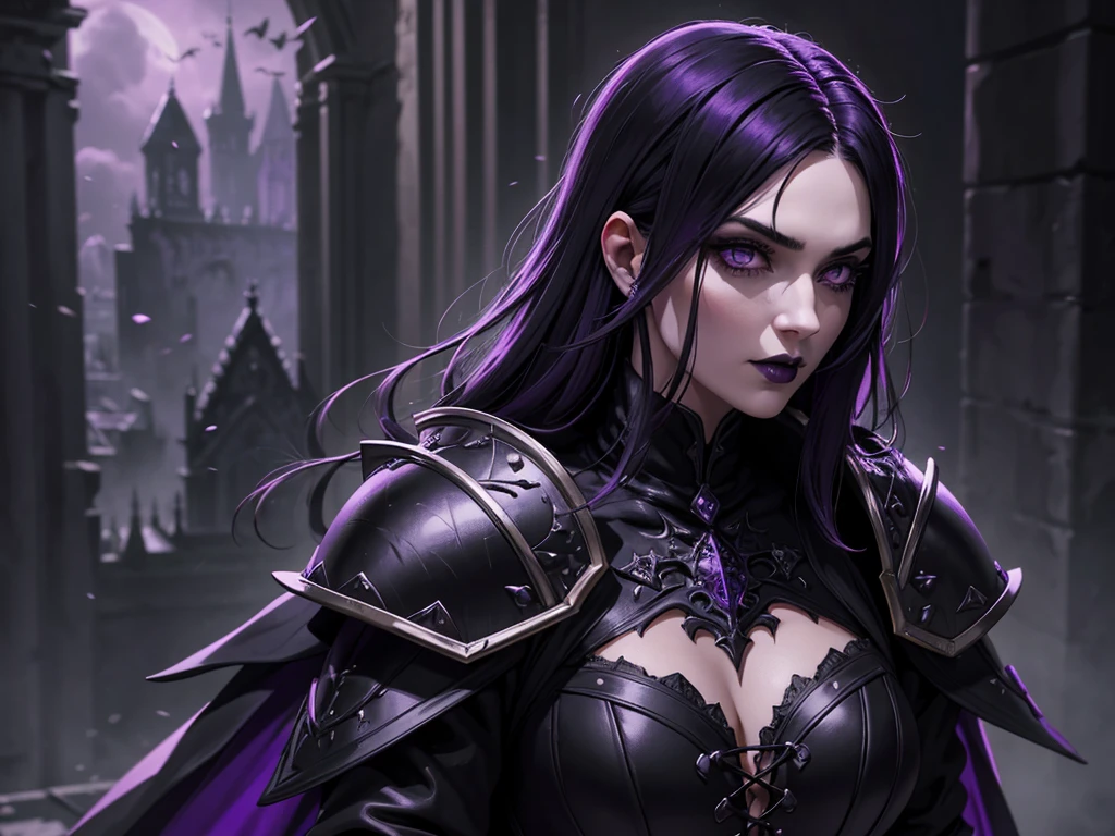 An adult vampire wizard character wearing a very detailed and beautiful gothic armor in black and purple color. Seu cabelo com corte em estilo curto, black lip color, cor roxa dos olhos;, manto, capuz, caminhando, 8k, Magnificent, Black and purple Gothic armor, capa poder explosivo