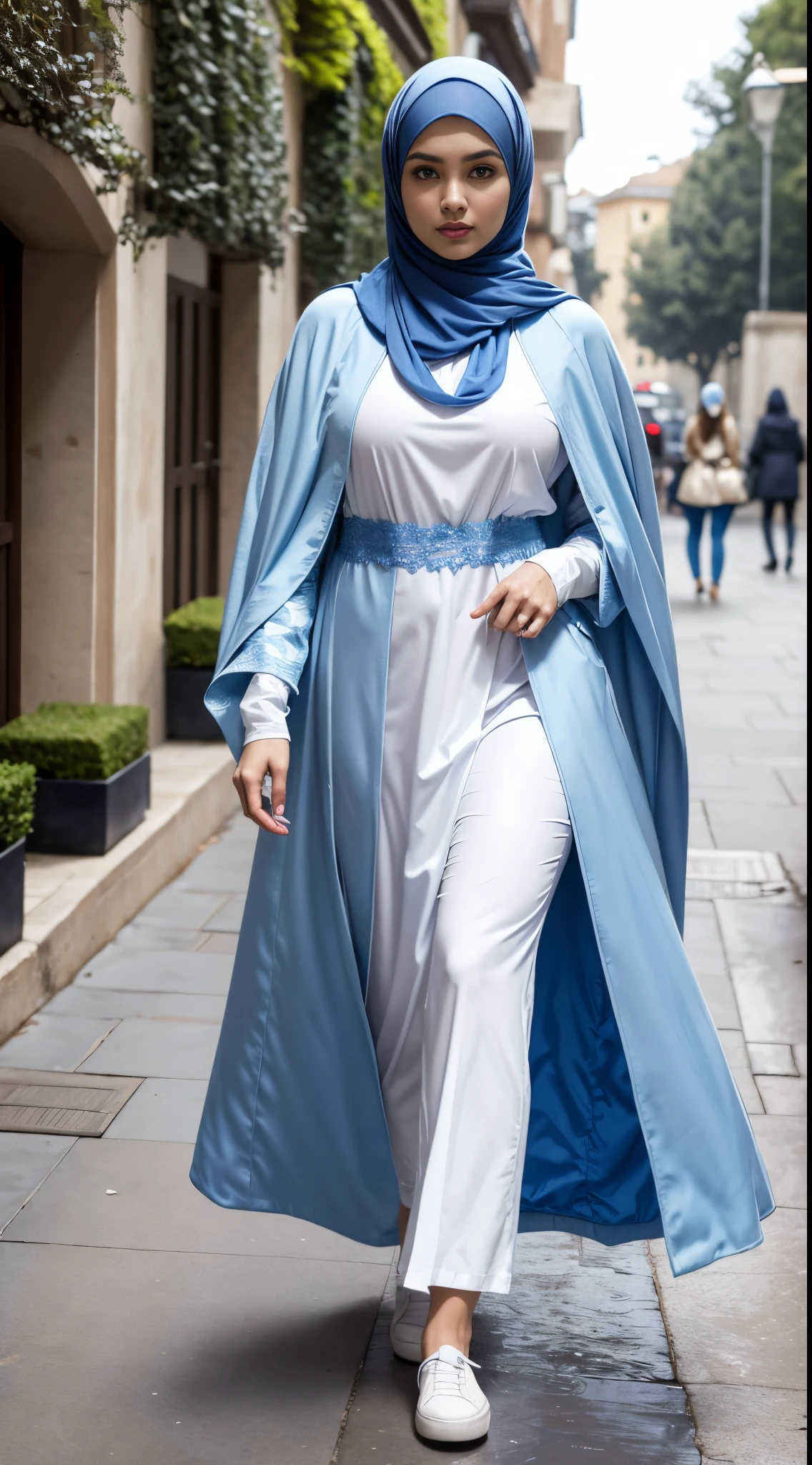 RAW, Best quality, high resolution, masterpiece: 1.3), beautiful Malay woman in hijab,Masterpiece, perfect slim fit body, (Huge breasts), big gorgeous eyes, Soft smile,woman in a blue coat and white sneakers is walking, blue outfit, blue tunic, blue tunic and robes, pale blue outfit, blue soft details, blue monochromatic, style blend of the vatican, dressed thobe, blue colored traditional wear, blue clothes, blue skintight closed longcoat, wearing elegant casual clothes, blue and grey tones with cape necklace, shairband, afternoon walk, City garden, Excellent lighting, Bright colors, Clean lines