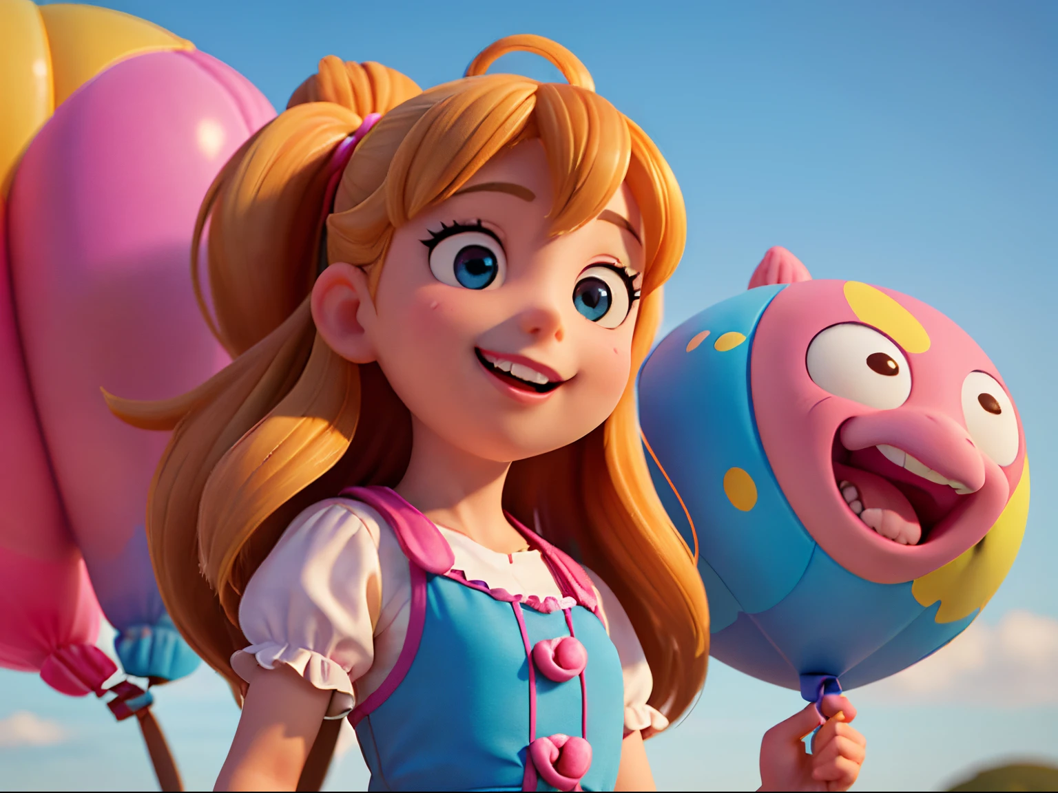 (best quality,4k,8k,highres,masterpiece:1.2),ultra-detailed,(realistic,photorealistic,photo-realistic:1.37),illustration,beautiful detailed eyes,beautiful detailed lips,extremely detailed eyes and face,long eyelashes,girl,play,balloon animals,round animals,colorful,bright,joyful,portrait,studio lighting,fun and playful,gentle gaze,flowing hair,flying balloons,interesting angles,details on balloons,twisted balloon animals,imaginative scene,playful expression,happy mood,cute dress,smiling,delightful atmosphere,soft shadows,vibrant colors,bokeh