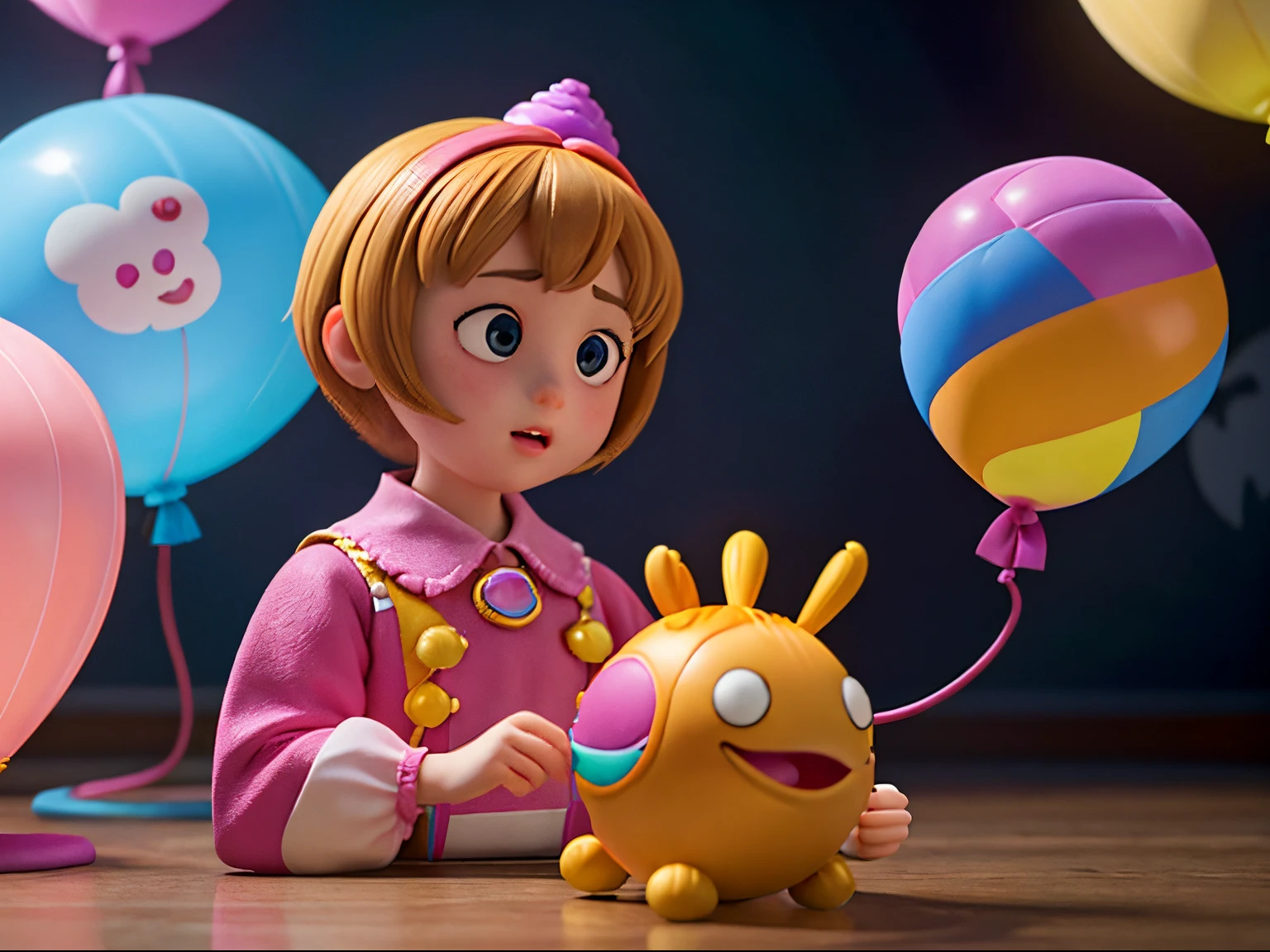 A girl with balloon animals in a studio with vivid colors and professional lighting. The artwork is ultra-detailed and realistic with a photorealistic quality. The girl is surrounded by various balloon animals created with extreme detail. The colors are vibrant and the lighting is carefully set to enhance the overall composition. The balloon animals are masterpieces themselves, showcasing intricate details and textures. The girl is amazed by the balloon animals, showing a sense of wonder and joy. The artwork is captured in high resolution, with a best quality output of 4k or 8k. The composition is visually appealing, with a bokeh effect adding depth to the scene.