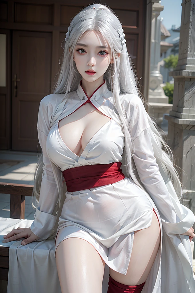 photorealistic, high resolution, 1 women, solo, hips_up, hips up, beautiful eyes, look at viewer, close lips, detailed face, white hair, long hair, red wedding hanfu