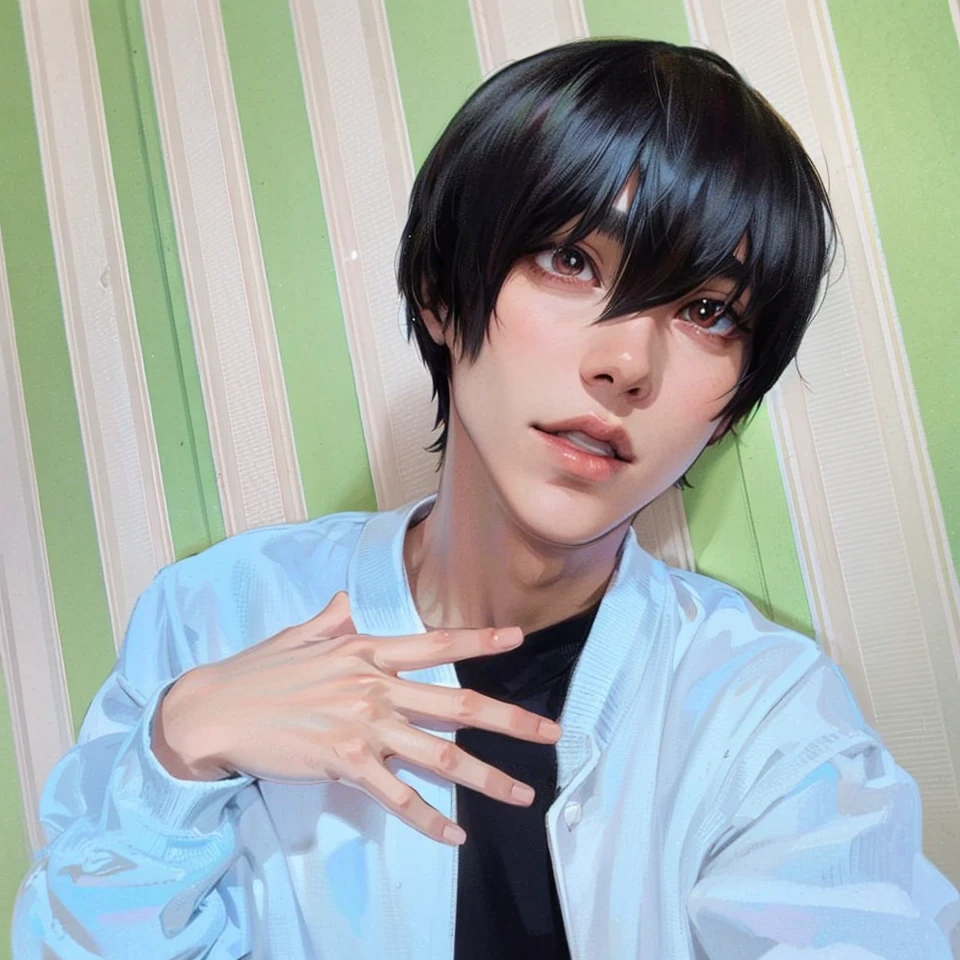there is a man with a black hair and a white shirt, as an anime character, with index finger, handsome japanese demon boy, male anime style, with short hair, profile picture 1024px, inspired by Yamagata Hiro, inspired by Itō Ogura Yonesuke, anime cosplay, style of junji ito, anime style only,4k,8k,(good light),HDR
