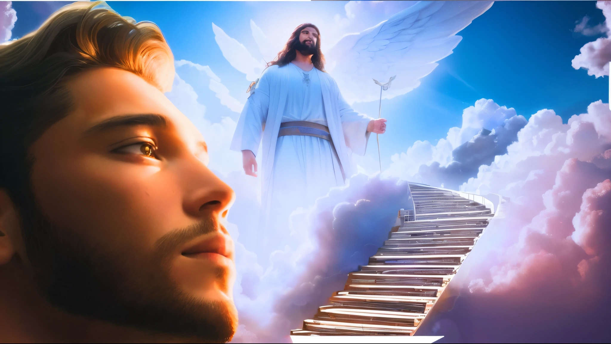 imagem arrogante de um homem com barba e rosto sem barba, stairway to heaven, she is arriving heaven, heaven!!!!!!!!, Jesus Cristo, in sky, Jovem Deus Todo-Poderoso, Jesus, arrebatamento celestial, biblical accurate angel, heaven on earth, Segunda vinda, levando a uma bela, heaven in the top, background is celestial, heaven paradise