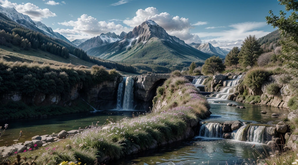 detailed face, detailed skin, detailed environment, intricate details, photorealistic, realistic, UHD, 8K, natural_wonder, moutain, sky, stream, cloud, colorful_flowers, wild_animals, butterflies, waterfall, scenery_view,