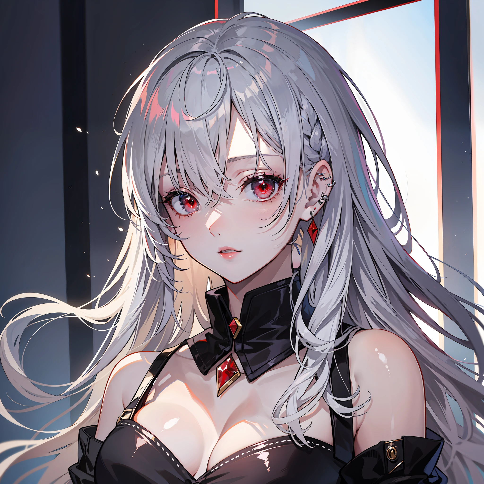 The daughter,(silber hair:1.5),Shiny hairstyle,messy hair style,Long gray hair,ear nipple ring,(Red-eyed:1.2),roundly eyes,Clear red lips,super detailing,s the perfect face,Textured transparent garment,black uniforms,(perfect body figure:2.0),Retina Screen,ultra-realistic realism,style of anime,artistic décor,first person perspective,head portrait,(in a panoramic view:2.0),hyper HD。
