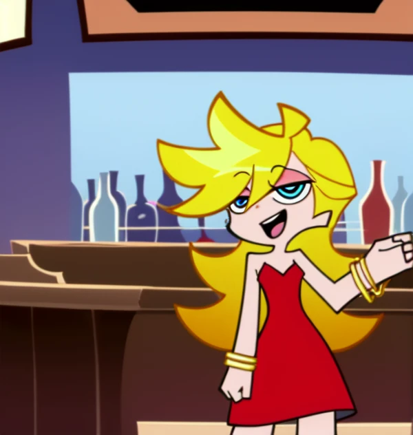 Panty Anarchy, Long Hair, Blonde Hair, Blue Eyes, Light Smile, Open Mouth, Bare Neck, Bare Shoulders, Little Red Dress, Short Red Dress, Golden bracelet, Sexy Poses, Bar Background, standing, looking at viewer