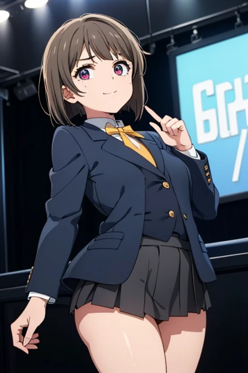 18year old, girl with, Dark blue blazer clothes,No underwear,slightly larger udder,Slightly larger buttocks,slightly thick thighs, Narrow waist, Hairstyle is a bob cut, The background is the live venue,Looks happy