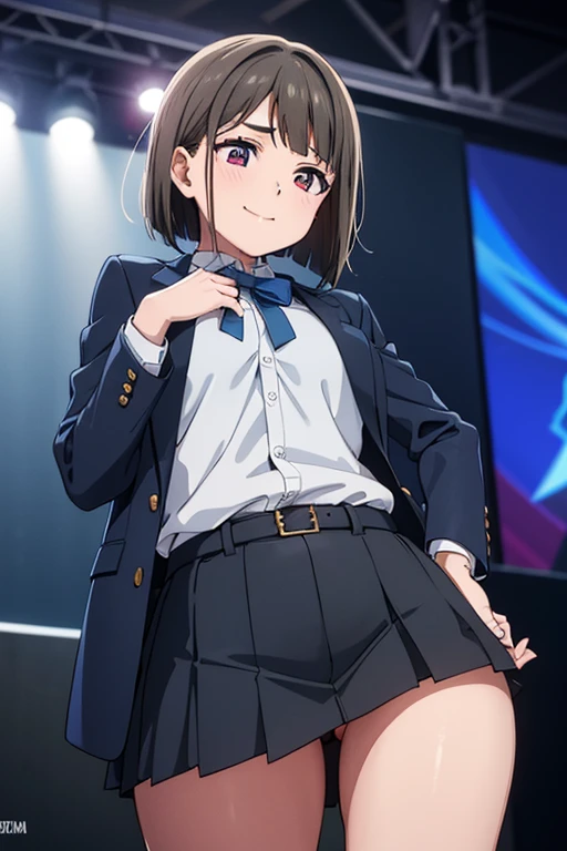 18year old, girl with, Dark blue blazer clothes,No underwear,slightly larger udder,Slightly larger buttocks,slightly thick thighs, Narrow waist, Hairstyle is a bob cut, The background is the live venue,Looks happy