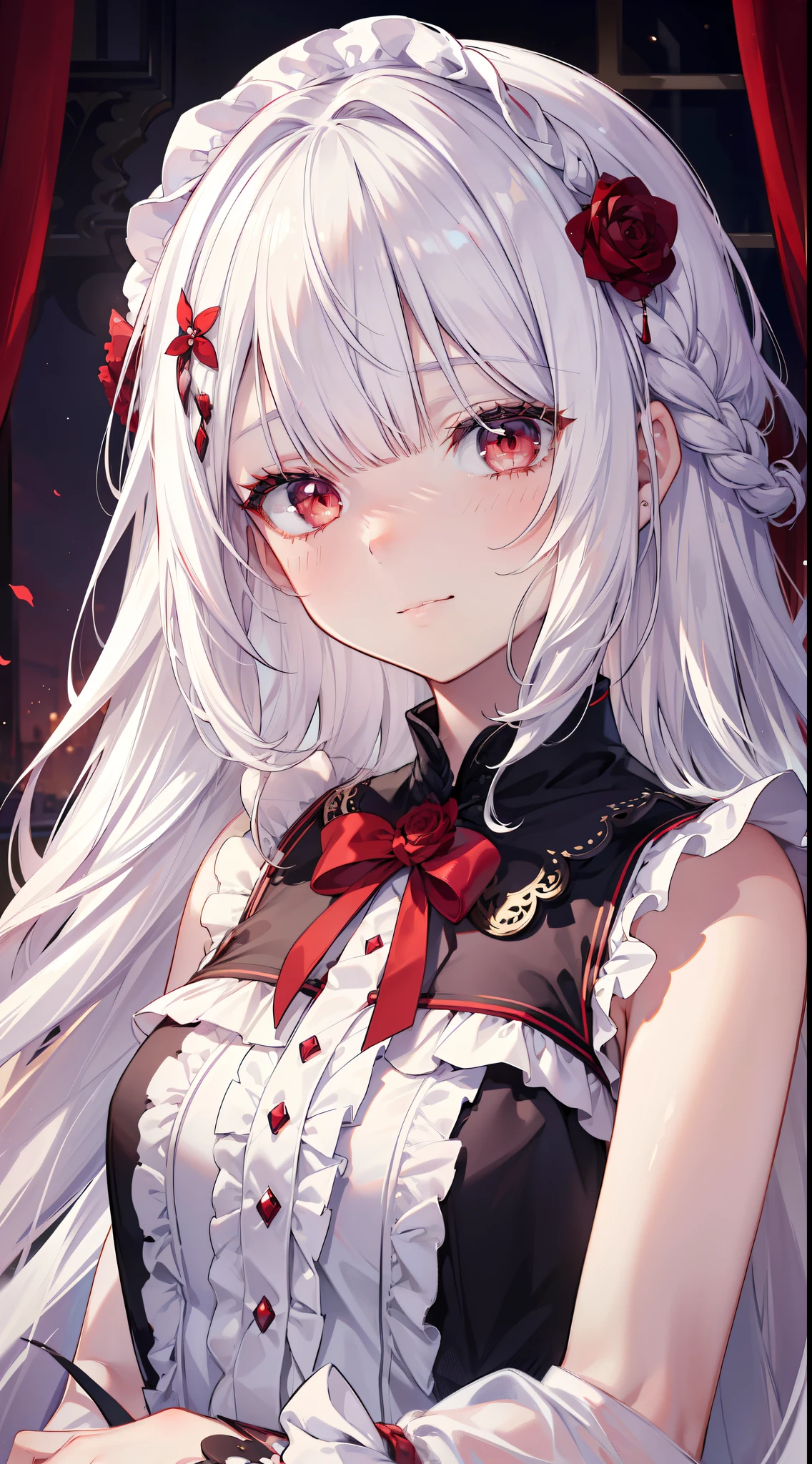 (limited palette), Best quality at best, (((tmasterpiece))), (((beautifully detailed hair))), (((beautiful detailed skin))), Alone, , Younger, change, (((White hair))), red eyes, (mascara), bluntbangs, ((hair over eye)), long whitr hair, mediuml breasts, Frilled white dress, White frills, Too much decoration, rosette, noble, setia, bridal hair, (((Eye focus))), (((Happy expression))), vague background, shinning eyes, Happy eyes, (red theme), bedroom background, looking at viewert, (((hair tying up))), (((the night))), half closed eye, closeup cleavage, (((hair adornments))), Upright body, Bangs cut neatly, Braid your hair at the back of your head, sleevelessdress,