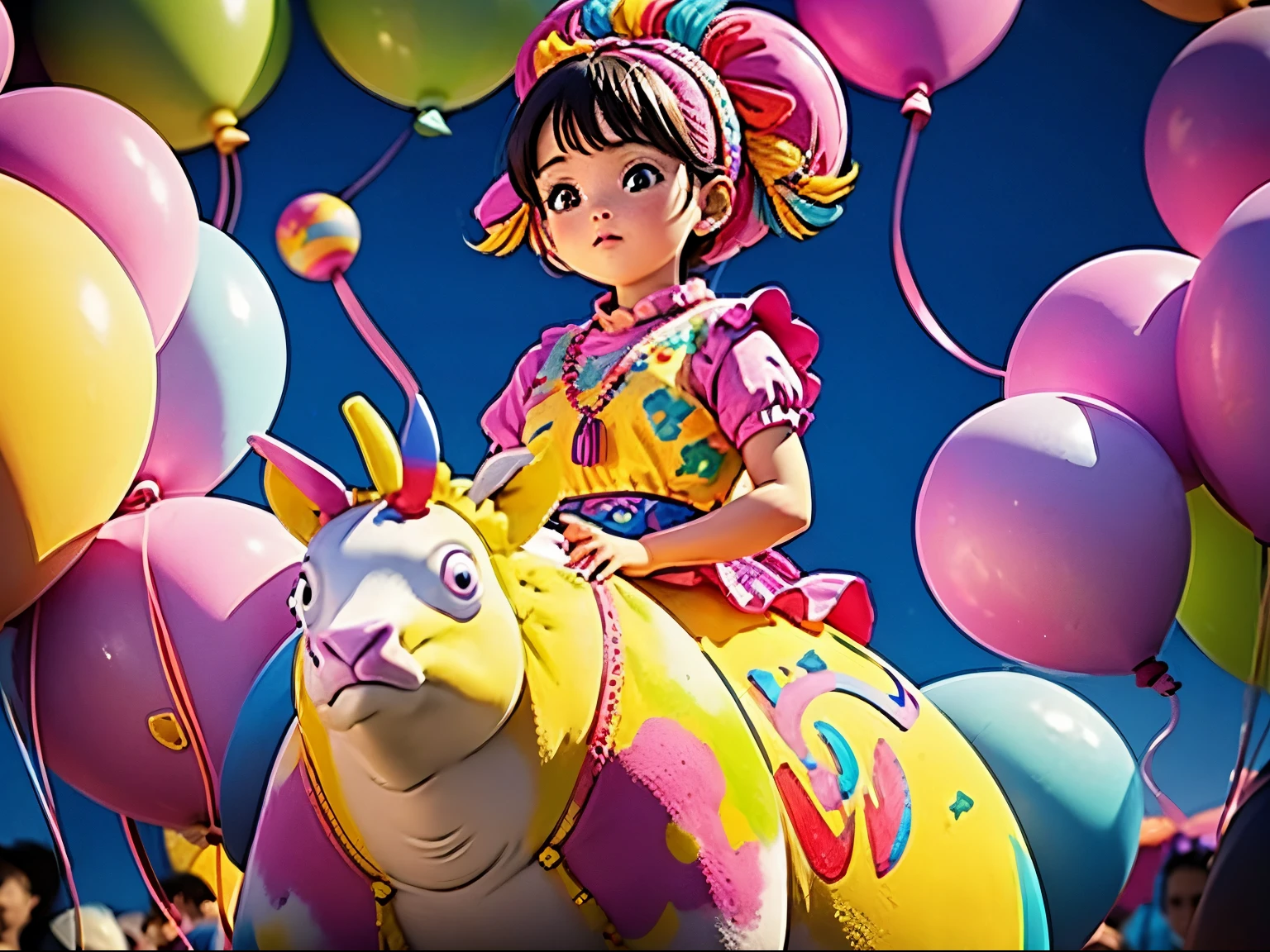 A girl surrounded by balloon animals, creating a (masterpiece) of art. The scene is (realistic) with detailed and vibrant colors. The lighting is (cinematic), casting dramatic shadows and highlighting the girl's focused expression. The balloon animals are intricately crafted, with (ultra-detailed) features and vibrant colors. The girl's clothes are bright and playful, matching the vibrant atmosphere of the scene. The background is filled with balloons of different shapes and sizes, providing a festive and joyful ambiance. The girl's hands are skillfully shaping the balloons into various animal forms, showcasing her talent and creativity. The (best quality) of the artwork is visible through the (sharp focus) and (physically-based rendering) of the balloon animals. The overall composition is visually stunning, capturing the imagination and delighting the viewers.