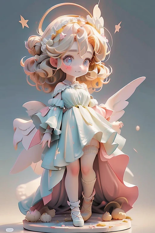 Angel Cookie is a tiny, olive-yellow Cookie with golden, curly hair, wide, powder blue eyes, and an innocent salmon pink smile. They wear no distinguishable clothing, but their hips flare out horizontally into points and are adorned with a scalloped pattern of white icing, rendering their silhouette into something resembling a dress. They carry a silver wand with a five-pointed star at the tip.